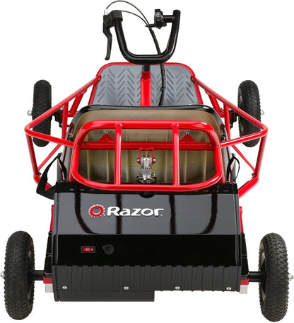 Rear view of red and black electric off-road dune buggy scooter, Razor logo