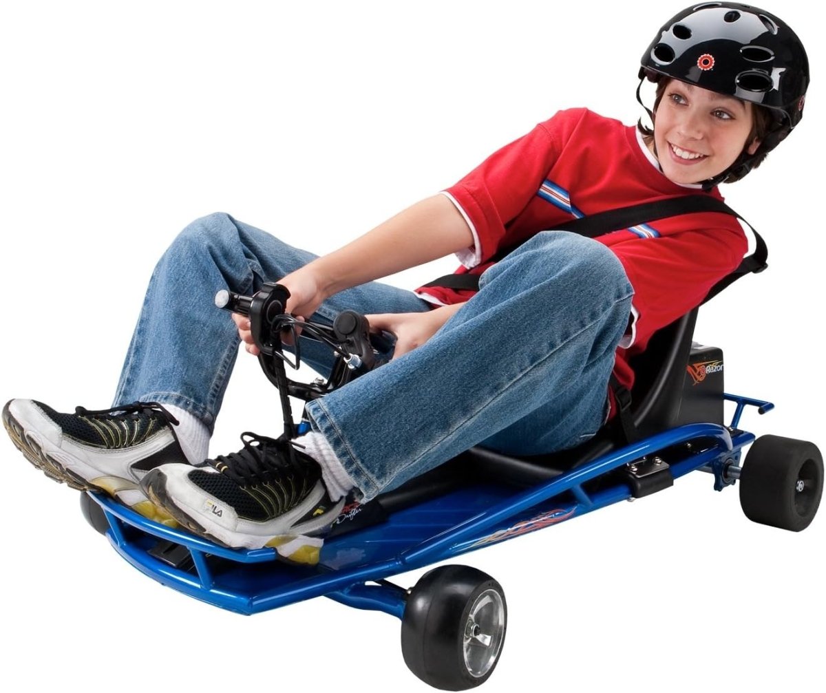 Ground Force Drifter go-kart with black seat and handlebar, rider seated