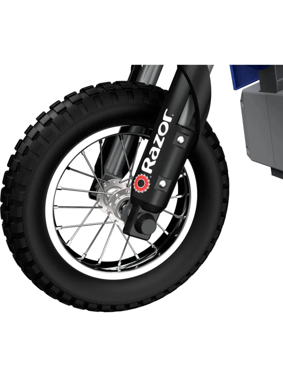 MX350 Dirt Rocket front wheel with knobby black tire and silver spoked rim