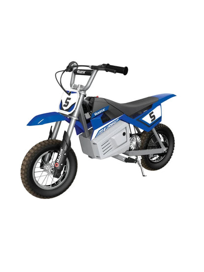 MX350 Dirt Rocket blue mini dirt bike with front number 5 panel and kickstand