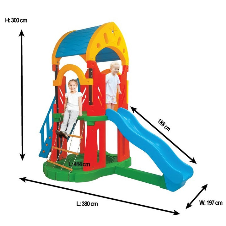Kids slide and net playset with blue slide, yellow tunnel roof, red frame, green base