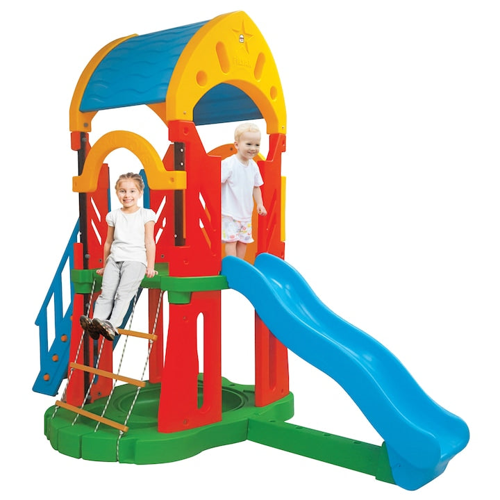 Kids slide and net playset with blue slide, yellow canopy, red supports, green platform