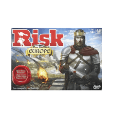 Risk Europe board game box with medieval conquer theme and armored soldier