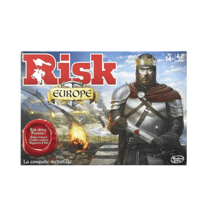 Risk Europe board game box with medieval conquer theme and armored soldier