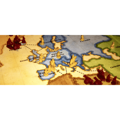 Europe game board map with marked regions and red army pieces