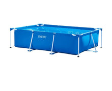 Rectangular Intex frame pool with blue liner and metal support legs
