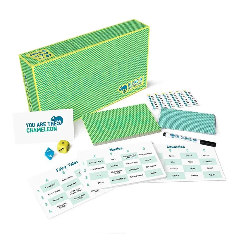 The Chameleon board game box with cards and dice, green checker design
