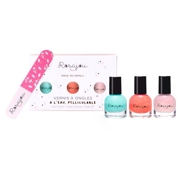 Set of 3 Nail Polishes: Lagoon x Coral x Ballerina + Nail File - Rosajou - The Toy Store