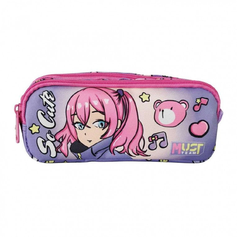 Two-compartment barrel pencil case, pink-purple with anime girl and bear print