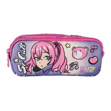 Two-compartment barrel pencil case, pink-purple with anime girl and bear print