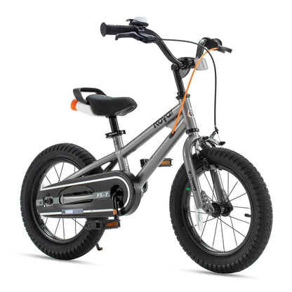Grey kids bike with black handlebars and seat, orange stripe, and crank area view