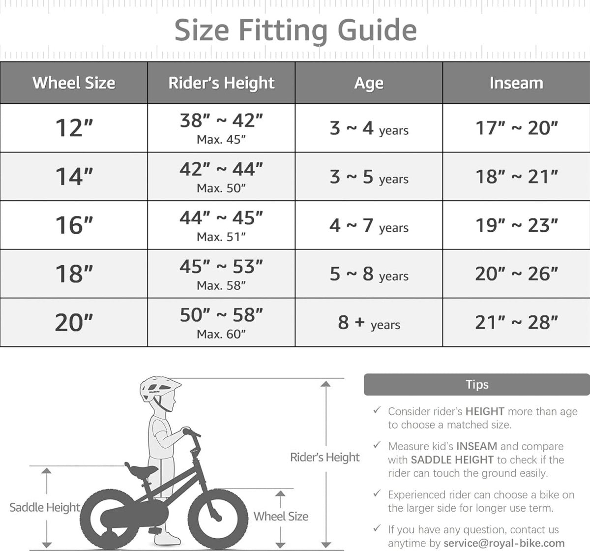 16-inch bicycle size fitting guide chart with rider height, age, and inseam ranges