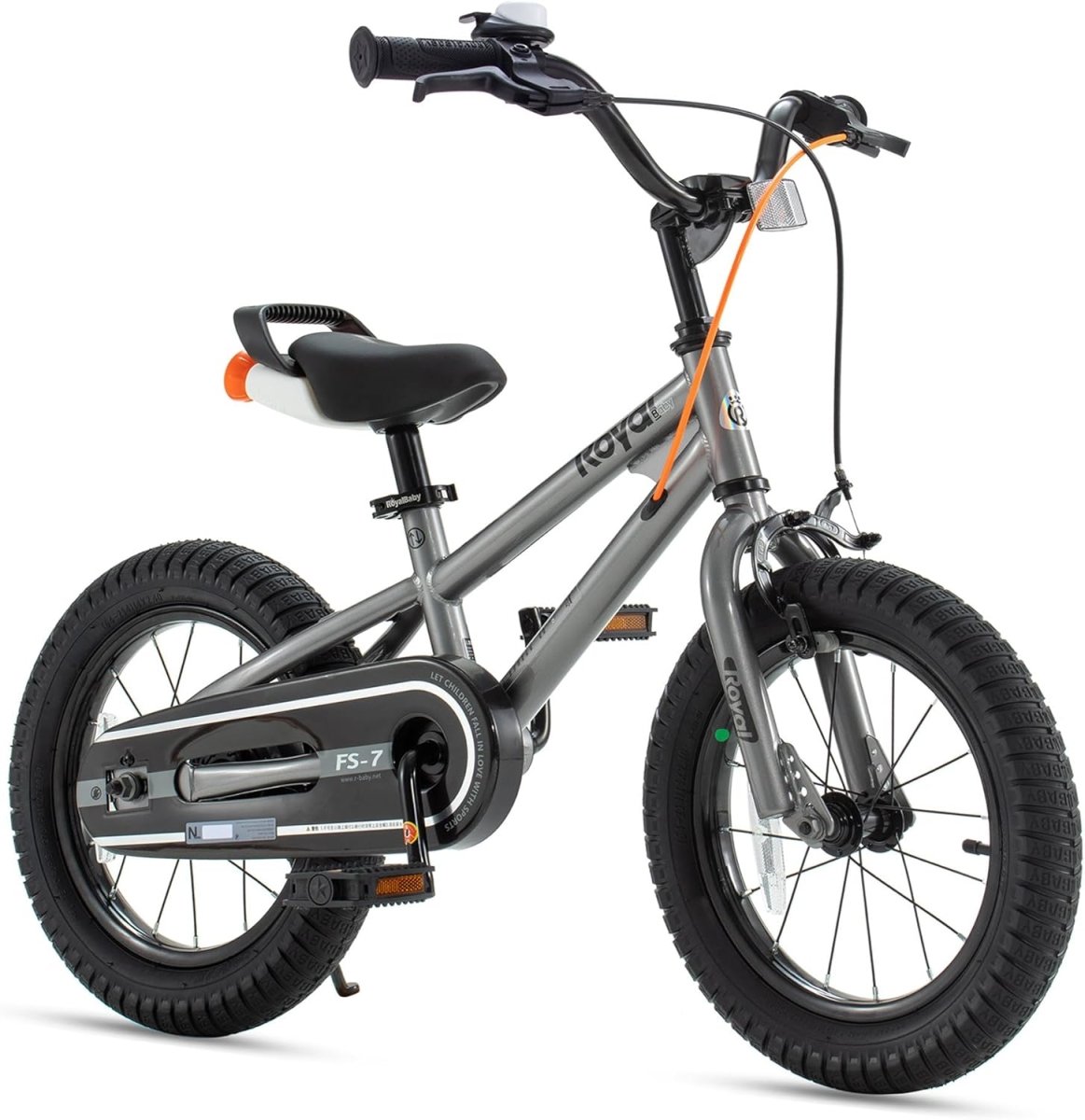 16-inch kids bicycle grey frame with black handlebars and seat, orange reflectors