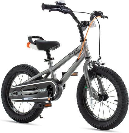 16-inch kids bicycle grey frame with black handlebars and seat, orange reflectors