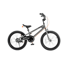 16-inch kids bicycle in grey with black seat and orange reflectors, front view