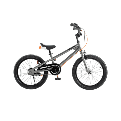 16-inch kids bicycle in grey with black seat and orange reflectors, front view