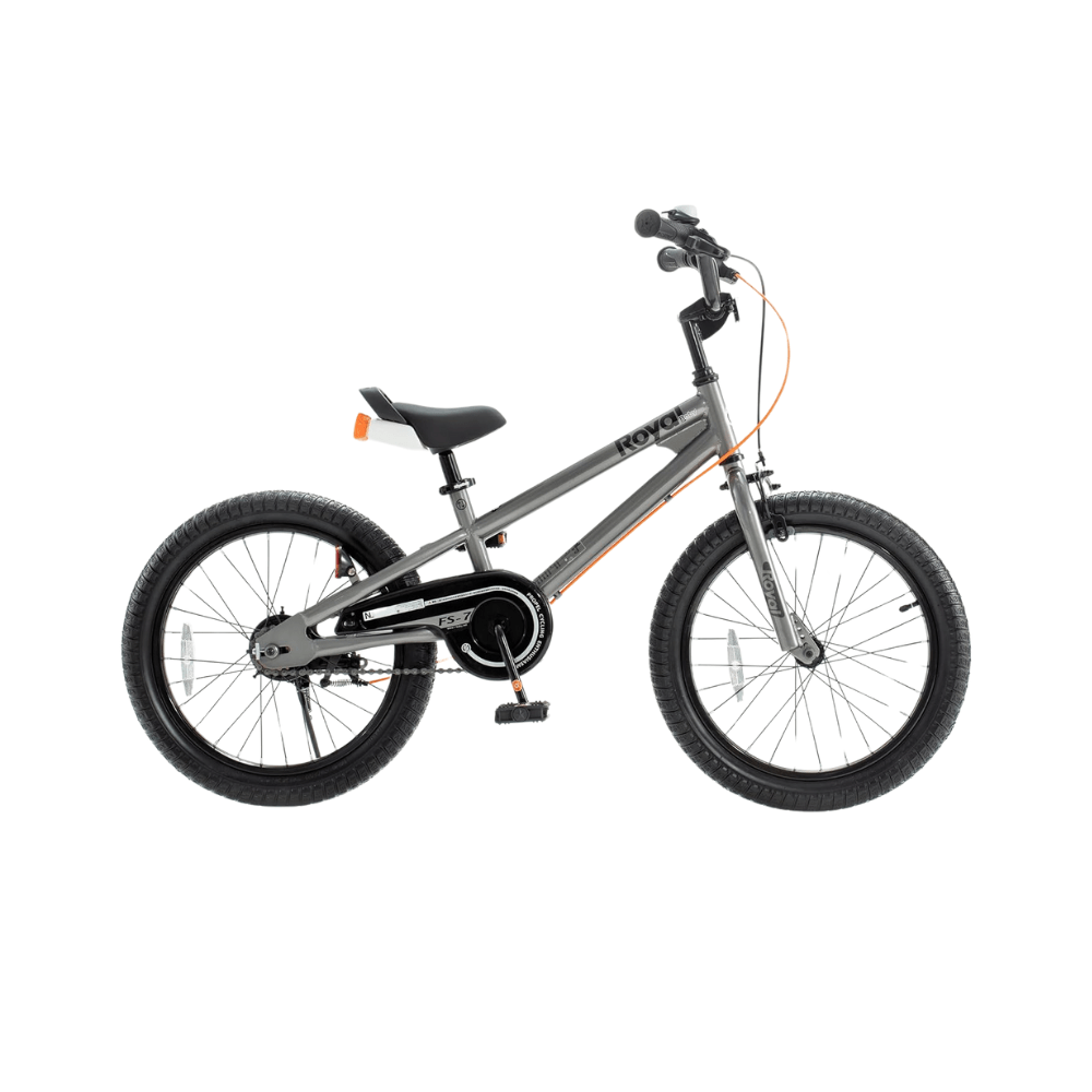 Grey 12" kids bike with black saddle, orange frame stripe, and front wheel visible