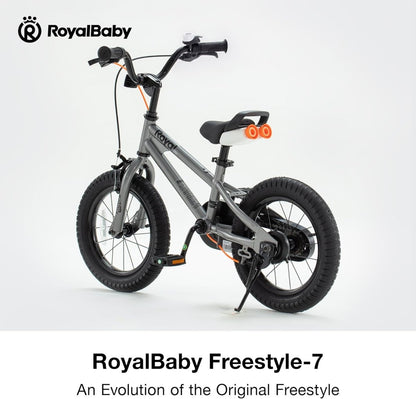 16-inch kids bicycle grey frame with black tires, orange front reflector, side view