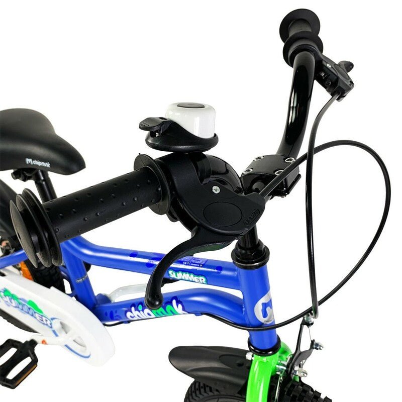 12-inch kids bike handlebar and seat assembly, blue frame with green front fork