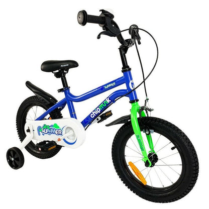 12-inch kids bike with blue frame, green fork, black wheels, training wheels