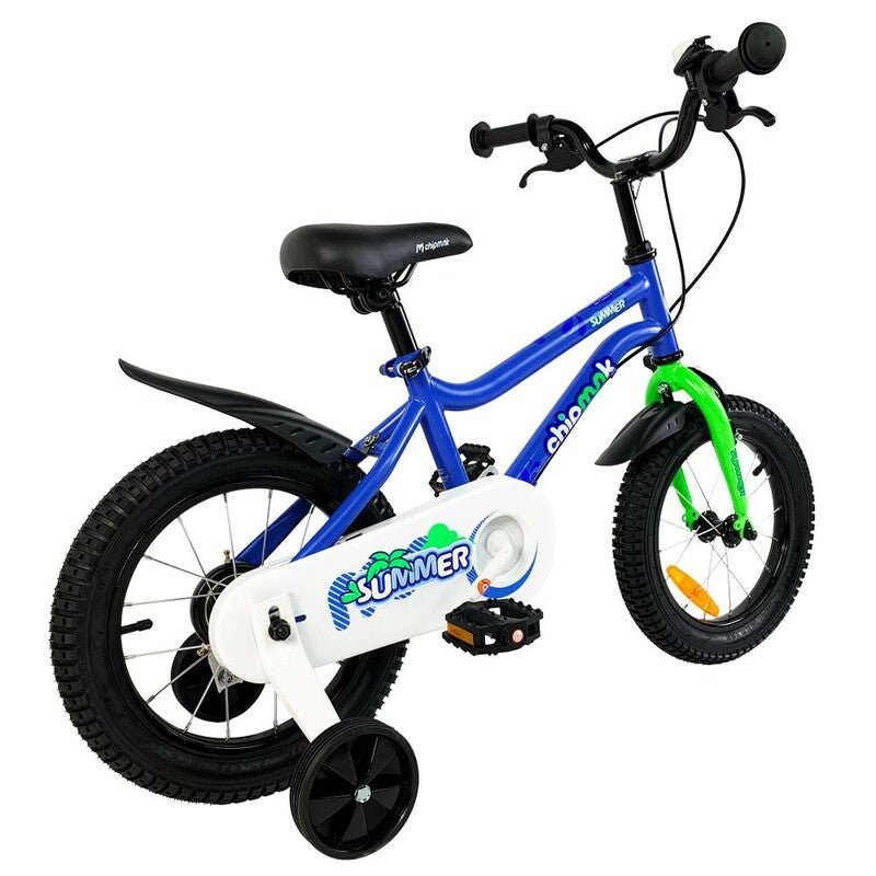 12-inch kids bike, blue frame with green fork and black handlebars, training wheels