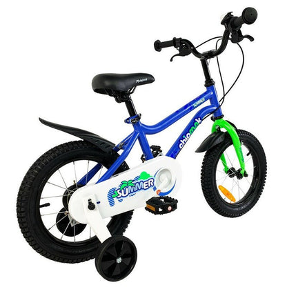 12-inch kids bike, blue frame with green fork and black handlebars, training wheels