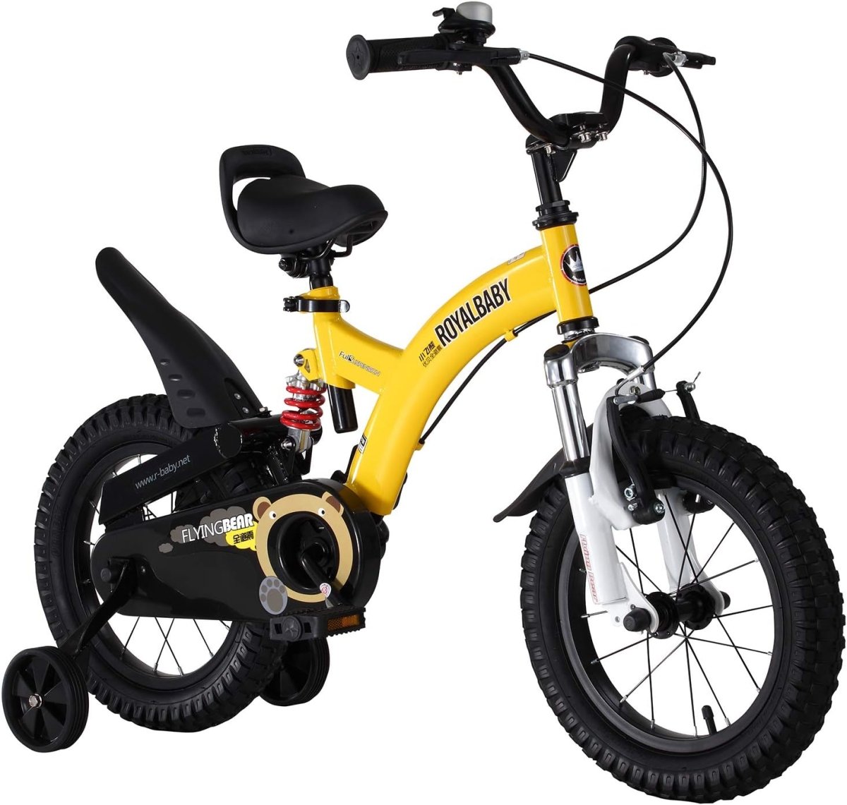 Yellow 12-inch kids bike with black saddle, handlebar, suspension fork, and training wheels