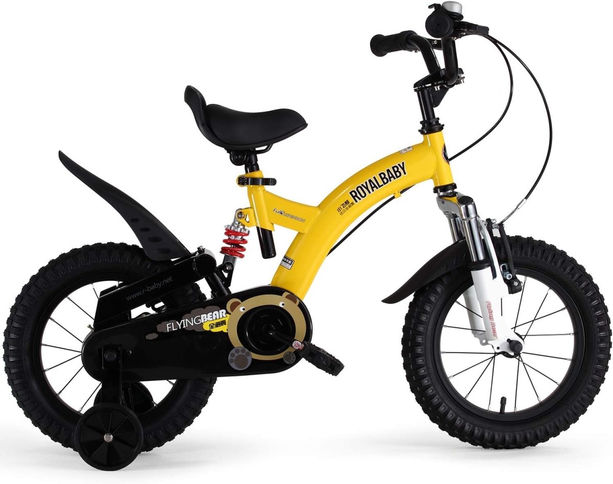 Yellow 12-inch kids bike with black tires, front suspension fork, and training wheels