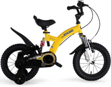 Yellow 12-inch kids bike with black tires, front suspension fork, and training wheels