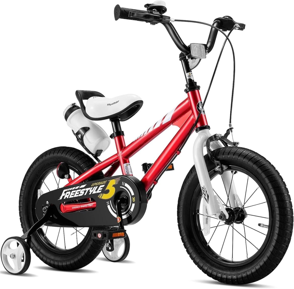 12-inch freestyle bicycle with red frame, white seat and fork, black wheels and handlebars
