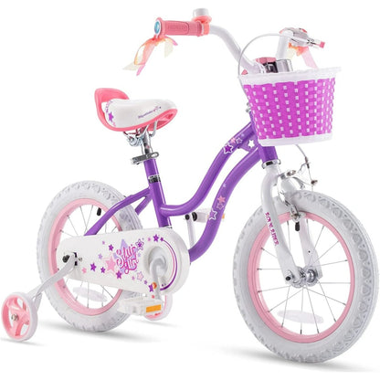 Kids purple bicycle with front purple basket, pink seat, and white star-decorated fenders