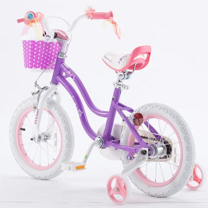 Kids purple bicycle with white fenders, star decals, pink seat, and front basket