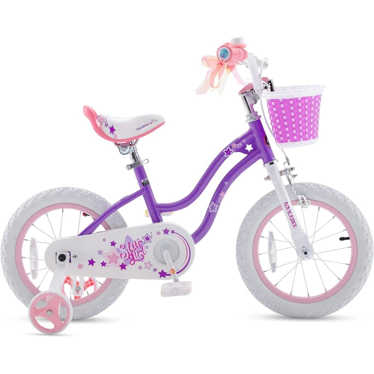 Kids purple bicycle with pink training wheels, white handlebars, and front purple basket
