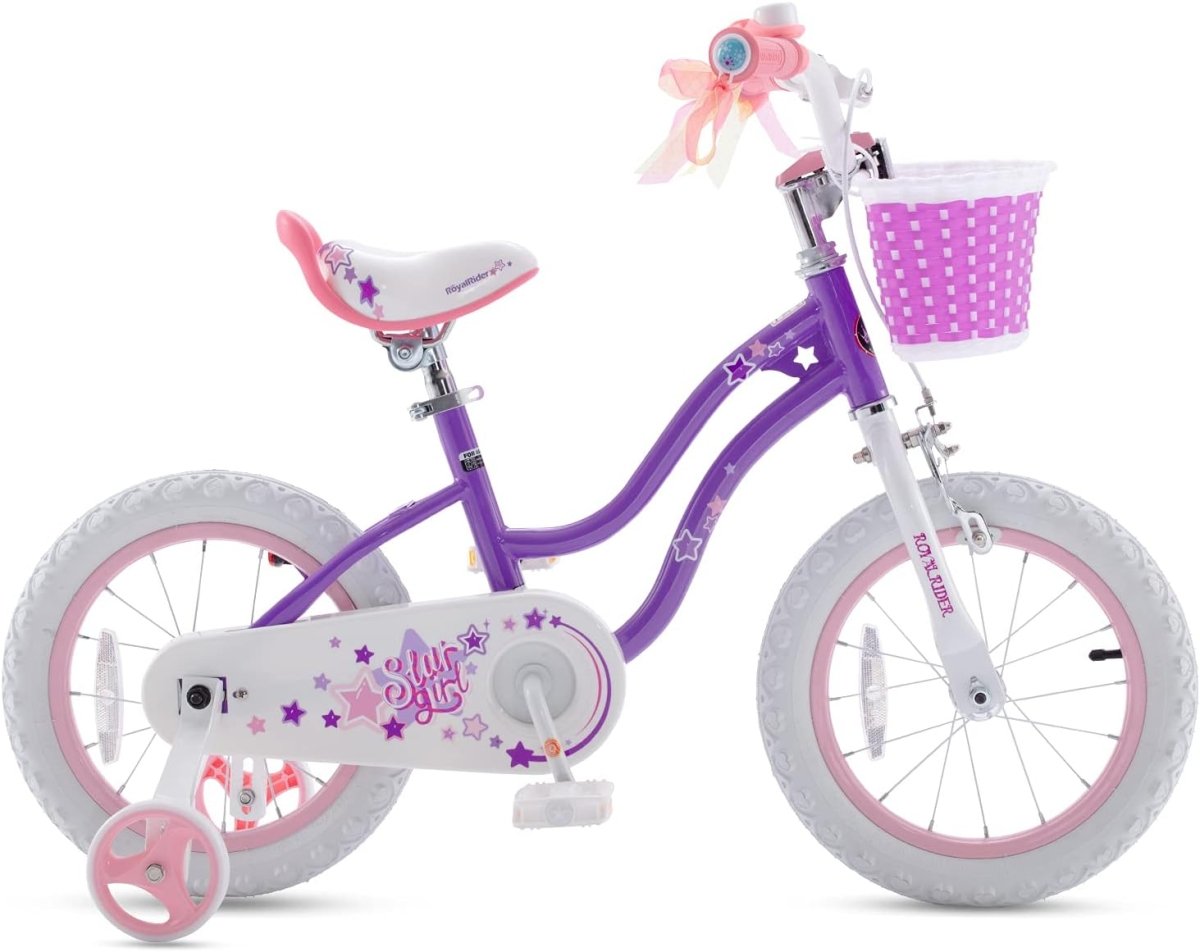 Girls 16-inch kids bicycle with purple frame, star decals, and pink training wheels