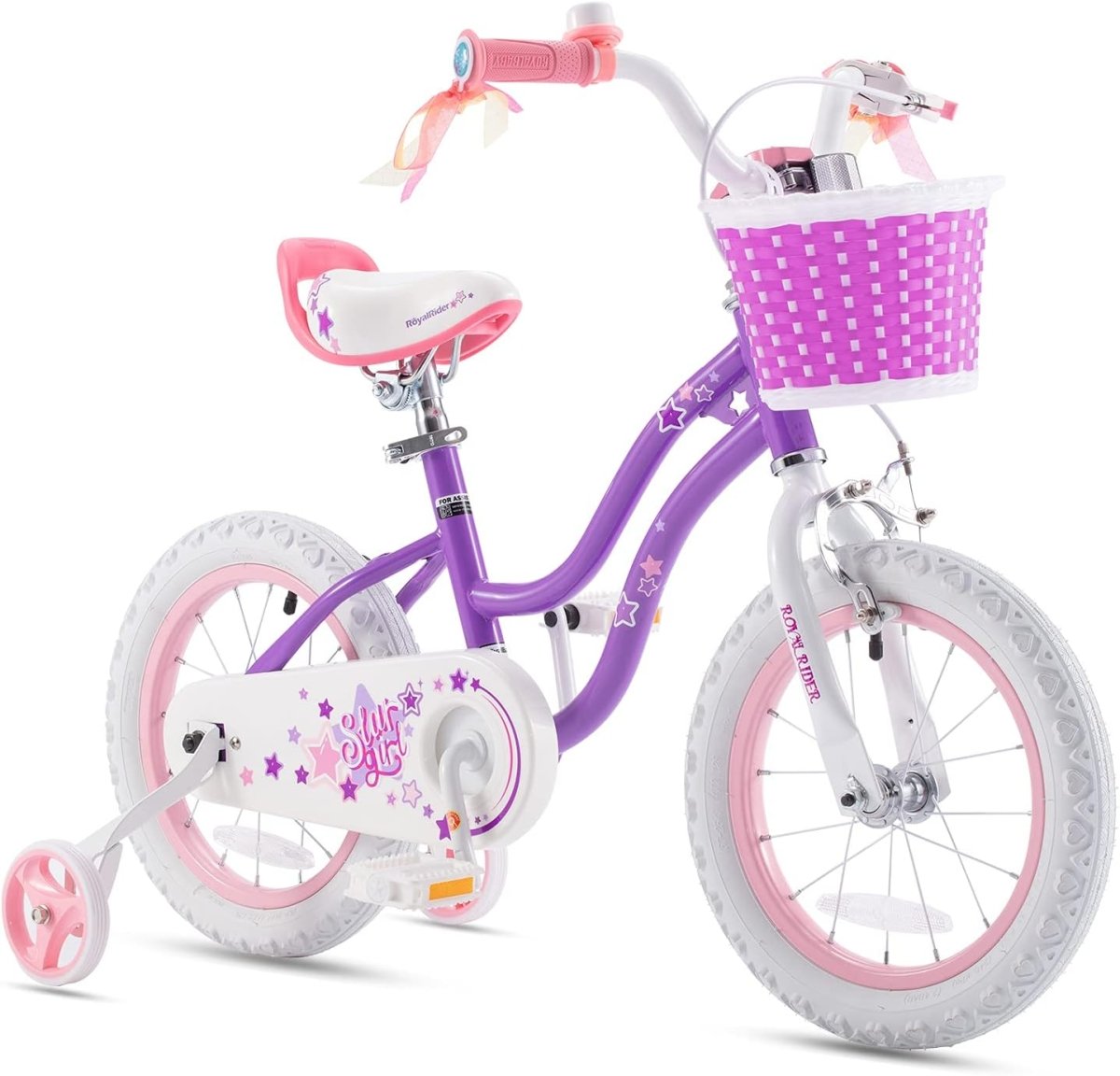 Girls 16-inch kids bicycle with purple frame, pink basket, star decals, and front light