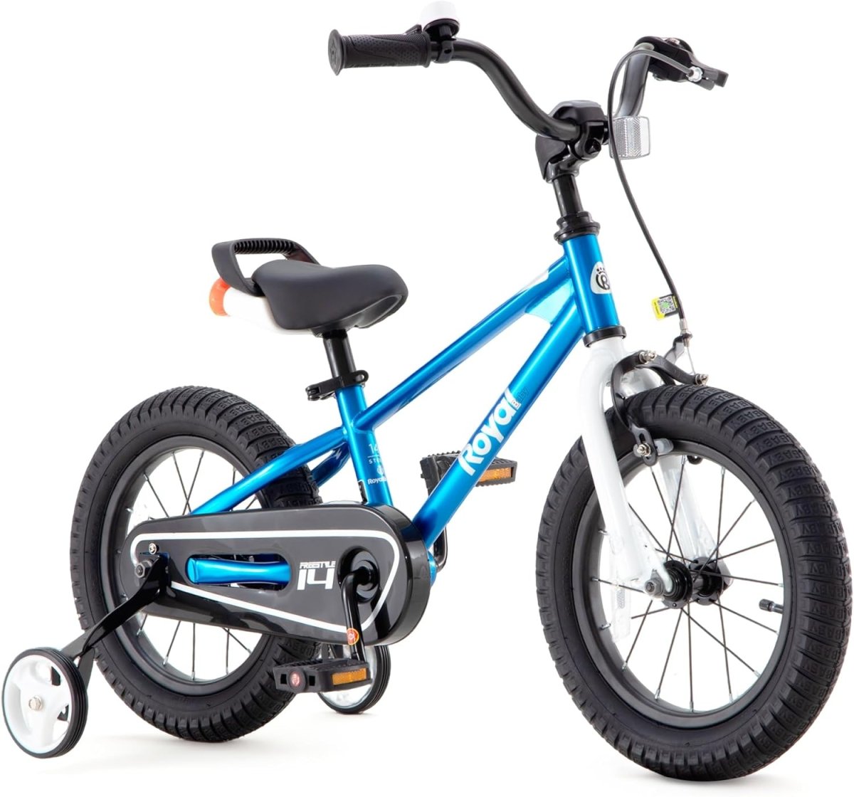 Blaues Kinder-Freestyle-Bike mit Stützrädern, schwarzem Sitz und Lenker