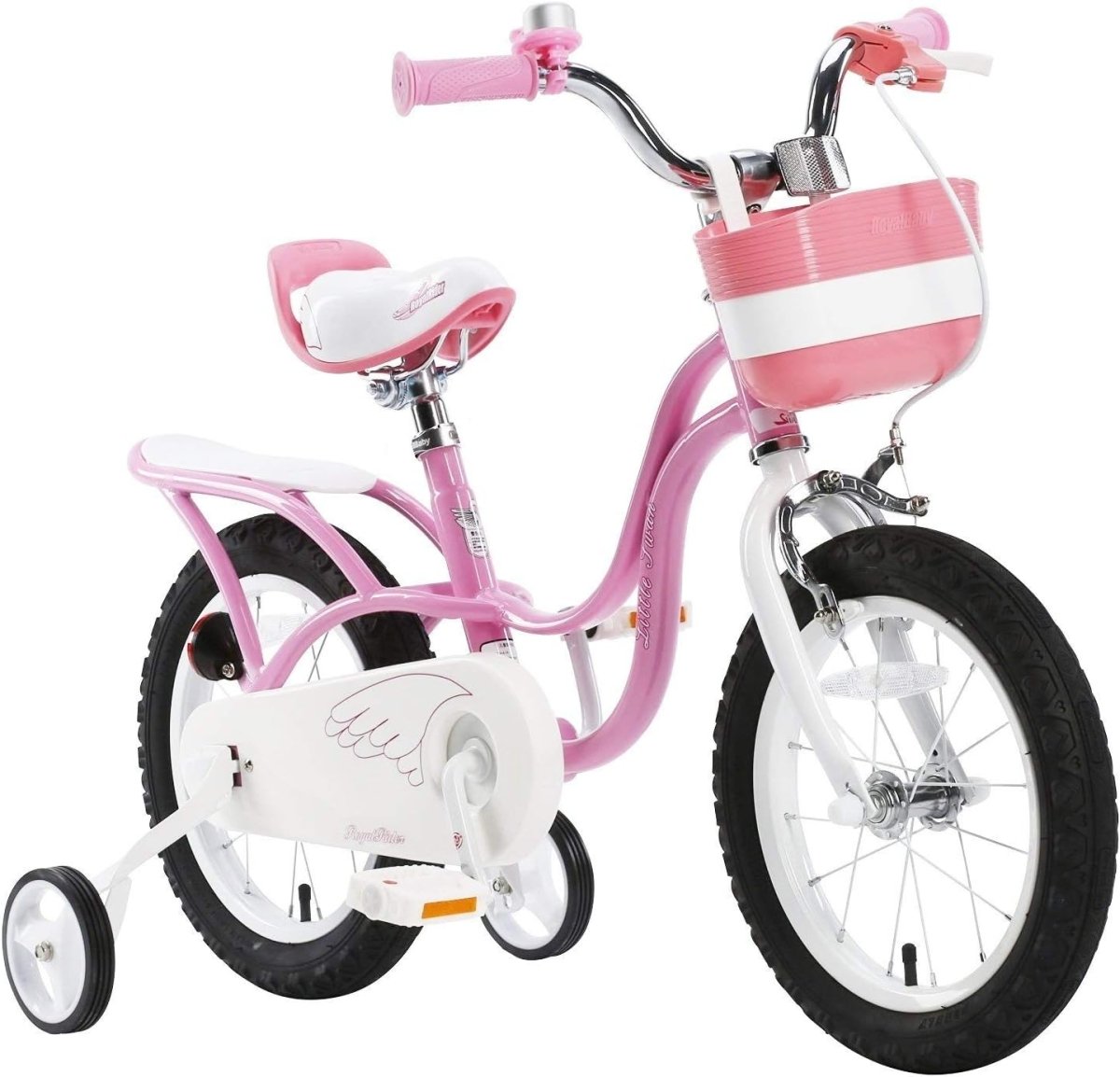 12-inch kids bicycle with pink frame, white wheels, front basket and handlebar grips