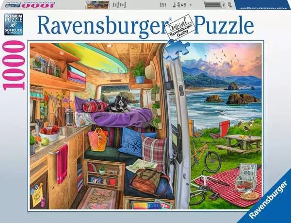 Puzzle-Box Rig Views, 1000 Teile: Innenraum mit Katzen und Küstenlandschaft