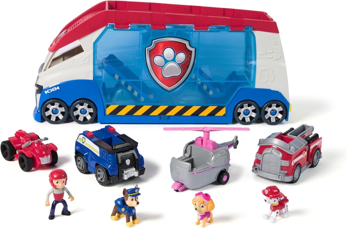 Blue-and-red Paw Patrol patroller vehicle with shield emblem plus 4 small rescue vehicles