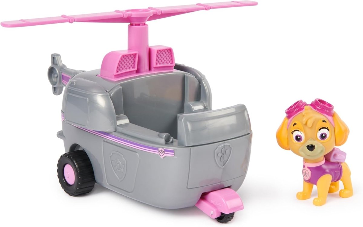 Grey rescue helicopter cart with pink details and a small figure dog toy