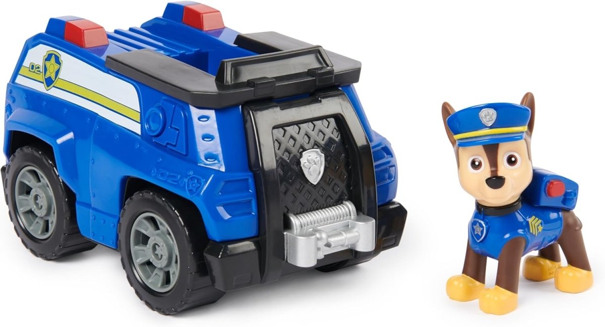 Blue rescue utility truck toy with black roof and a small figure dog toy
