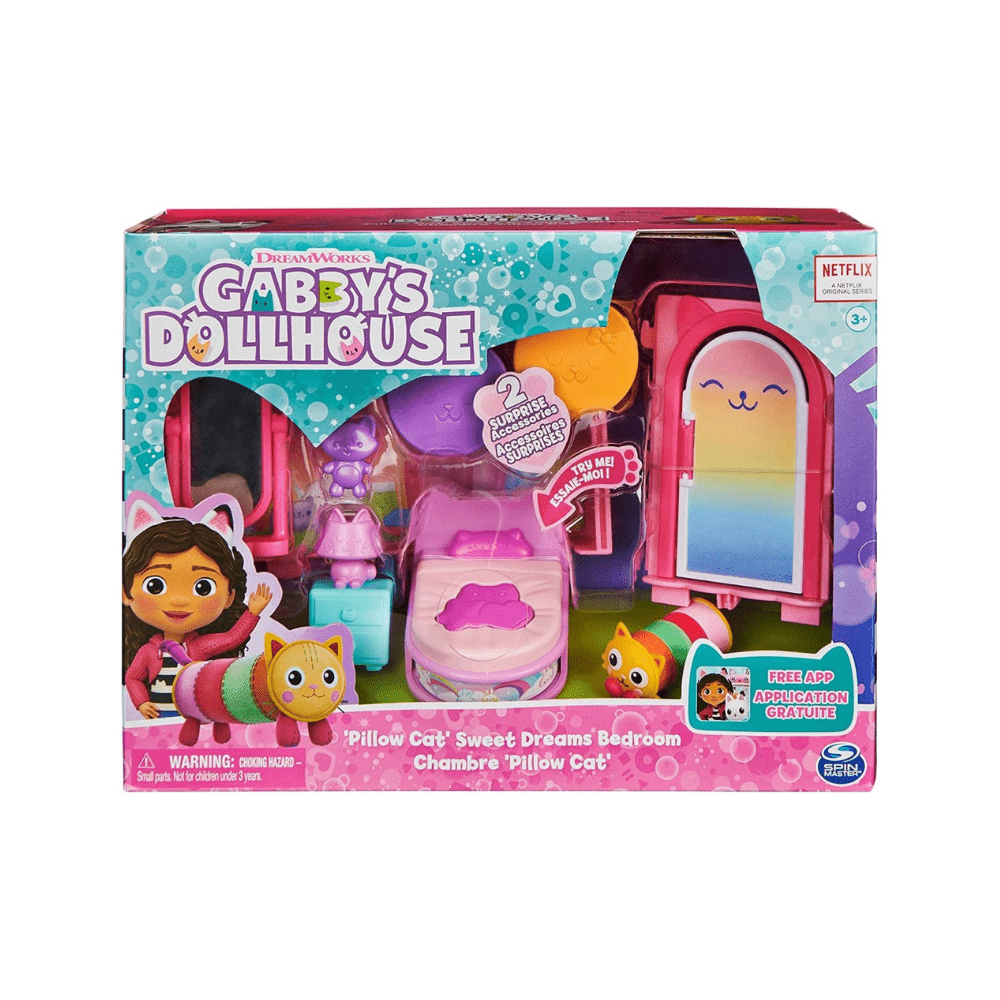 Dollhouse deluxe room playset box with cat-themed bed and room accessories