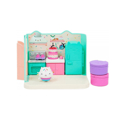 Cat-themed dollhouse kitchen playset with stove, fridge, cake, and storage tubs