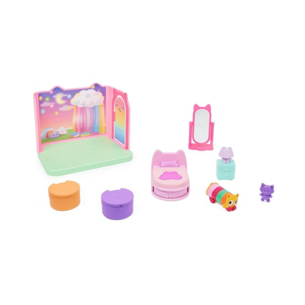 Mini dollhouse room accessories: bed, table, storage bins, toy cat and decor