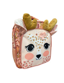 Cute deer mini backpack with plush antlers, side mesh pocket, and pink trim