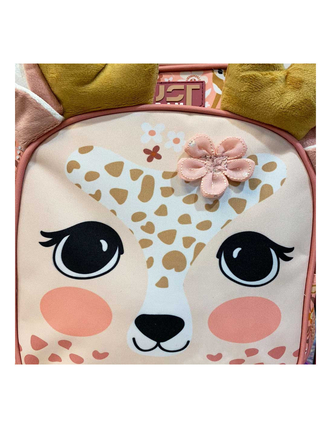 Deer backpack front panel close-up with flower detail and open top pocket