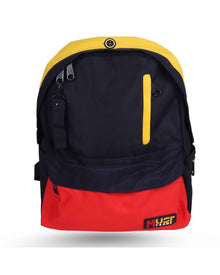 Team inspiration backpack with yellow trim, navy fabric, red bottom, front zip pocket