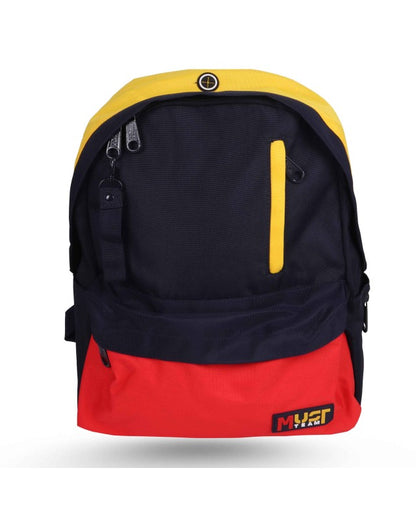 Team inspiration backpack with yellow trim, navy fabric, red bottom, front zip pocket