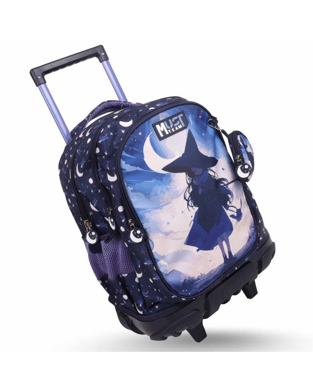 Primary school trolley bag, dark navy moon print, extendable handle and front wheels
