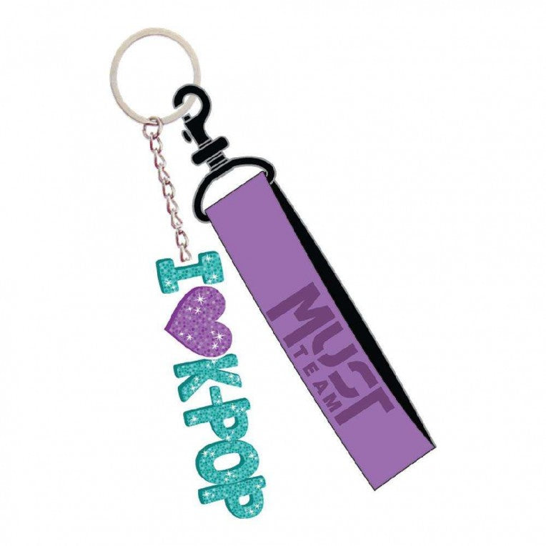 Purple K-pop keychain charm with 'I ♥ Kpop' heart lettering